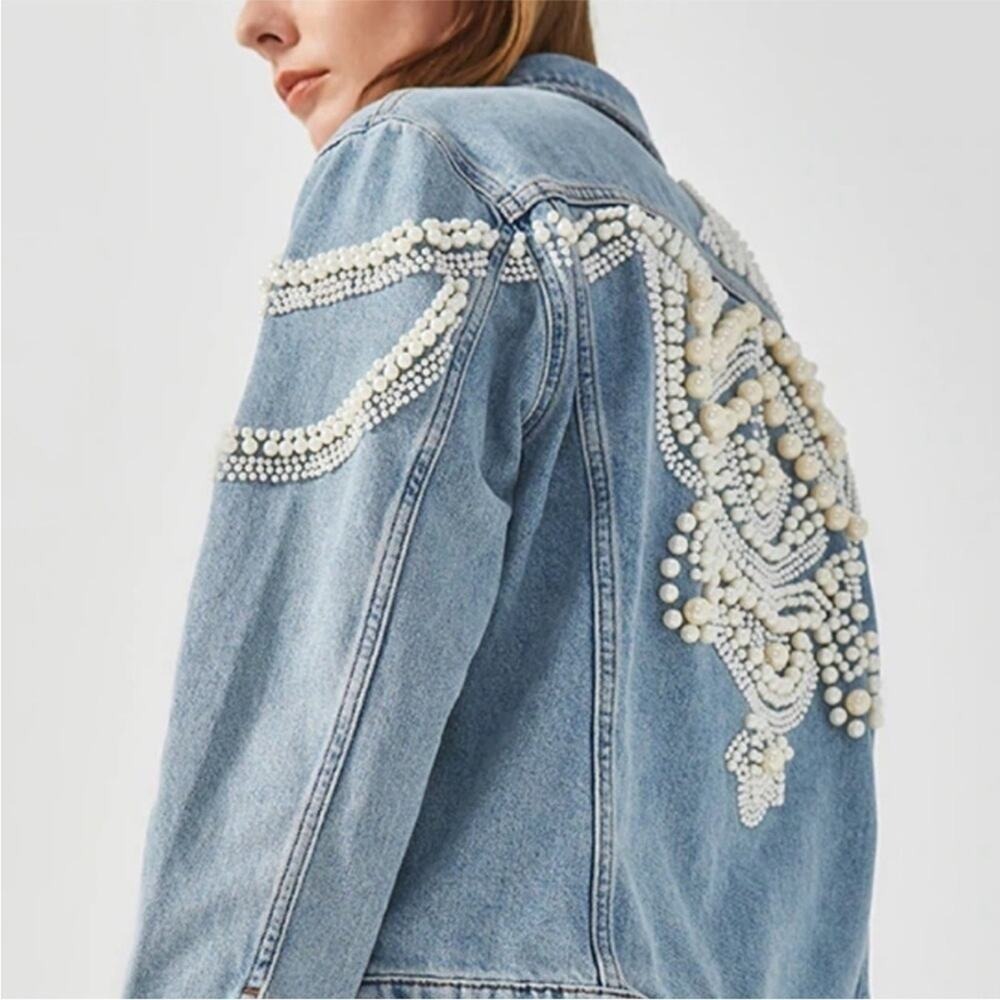 Sandro Pearl Embellished Oversized Distressed Denim Jean Jacket Size small - Picture 4 of 16